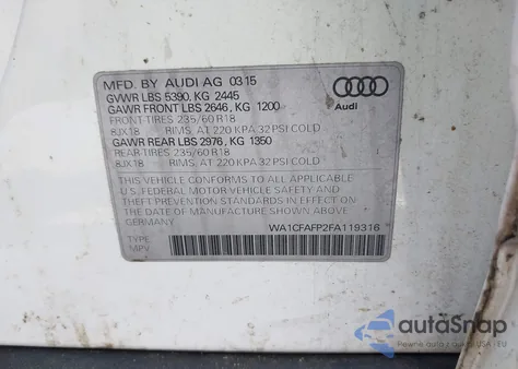 2015 Audi Q5 2.0T Premium z USA, uszkodzony, nr VIN WA1CFAFP2FA119316